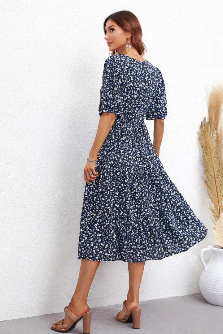 Floral Notched Neck Lace Trim Midi Dress - BELLATRENDZ