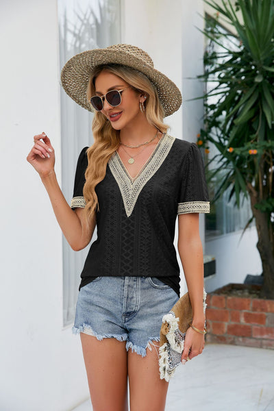 Contrast V-Neck Puff Sleeve Top