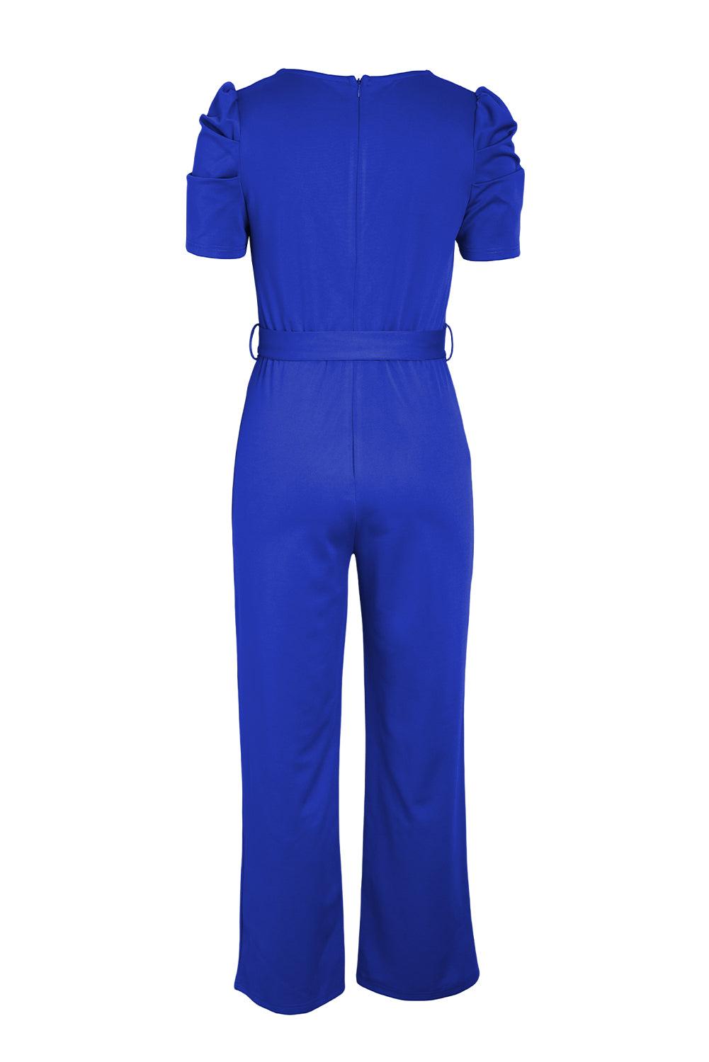 Belted Puff Sleeve V-Neck Jumpsuit - BELLATRENDZ