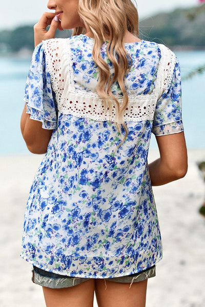 Floral Round Neck Spliced Lace Blouse