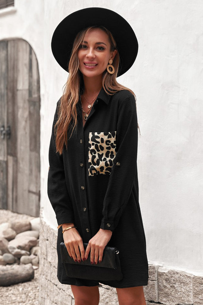 Leopard Patch Textured Shirt Dress