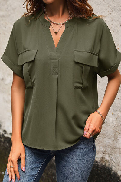 Pocketed Notched Short Sleeve Blouse