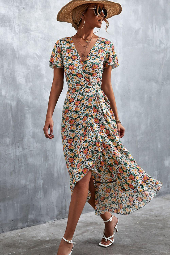 Floral Surplice Neck Tied Midi Dress - BELLATRENDZ