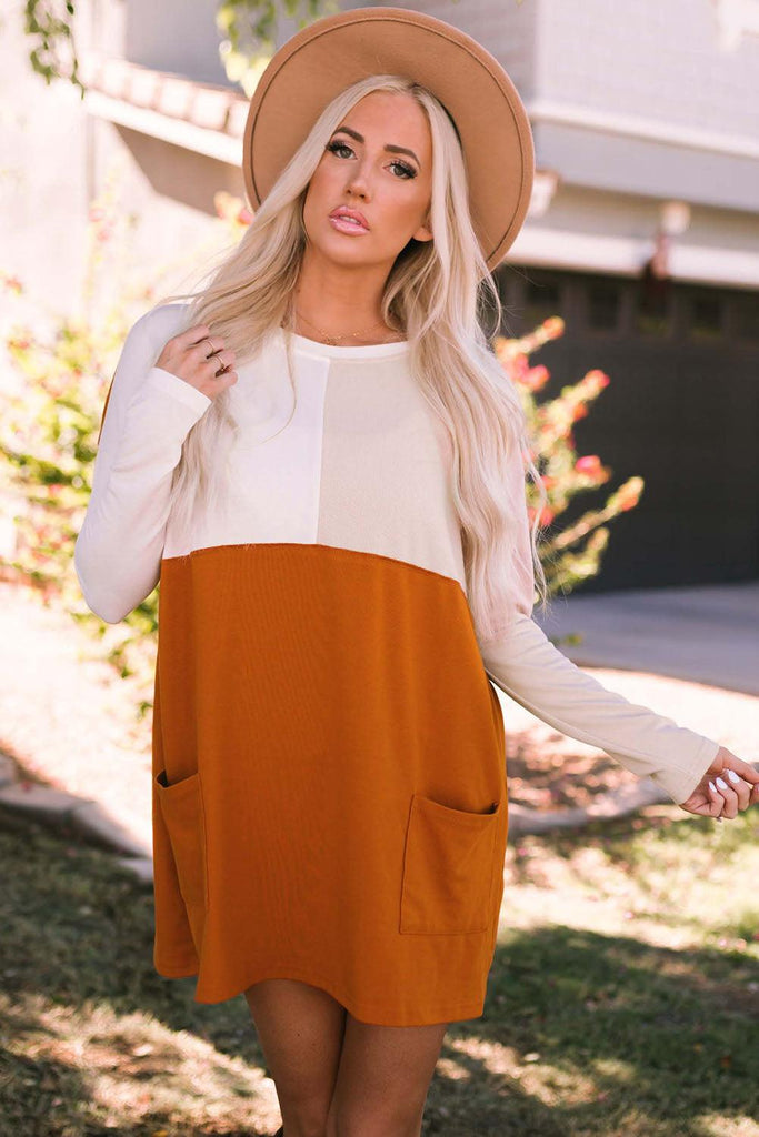 Color Block Round Neck Longline Top with Pockets - BELLATRENDZ