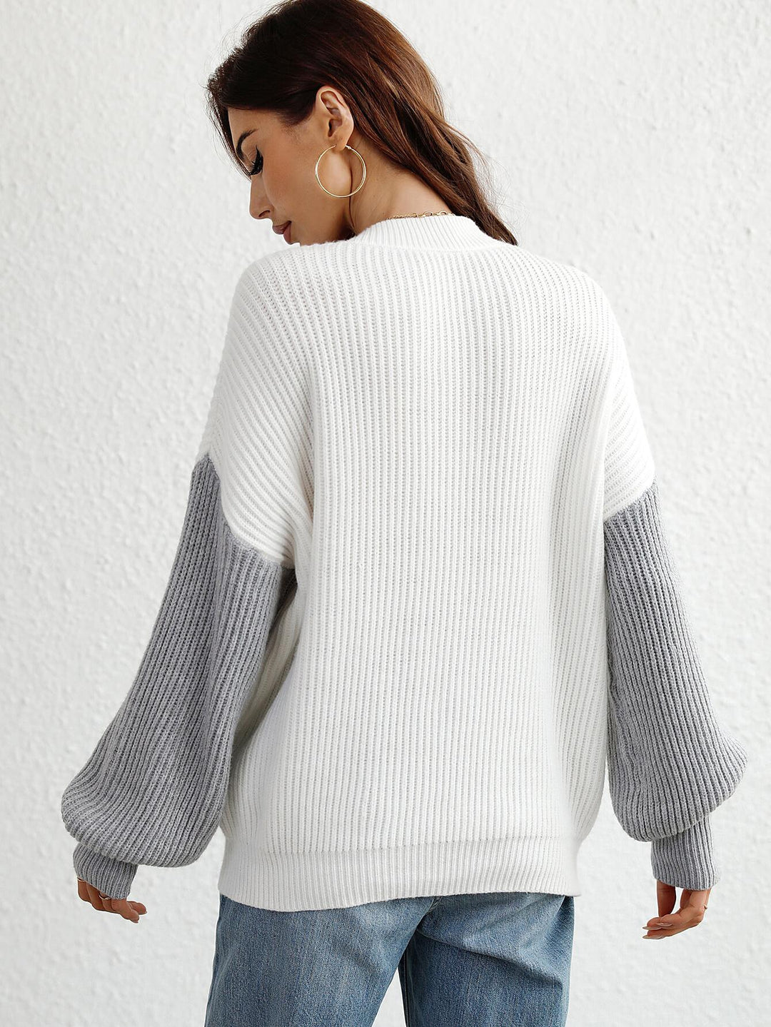 Two-Tone Rib-Knit Dropped Shoulder Sweater - BELLATRENDZ