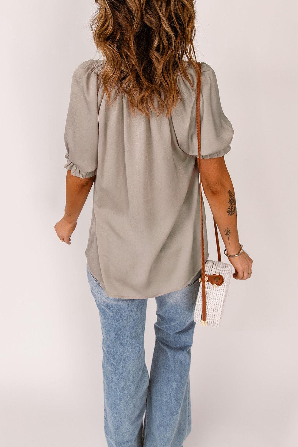 Smocked Frill Trim Flounce Sleeve Blouse - BELLATRENDZ