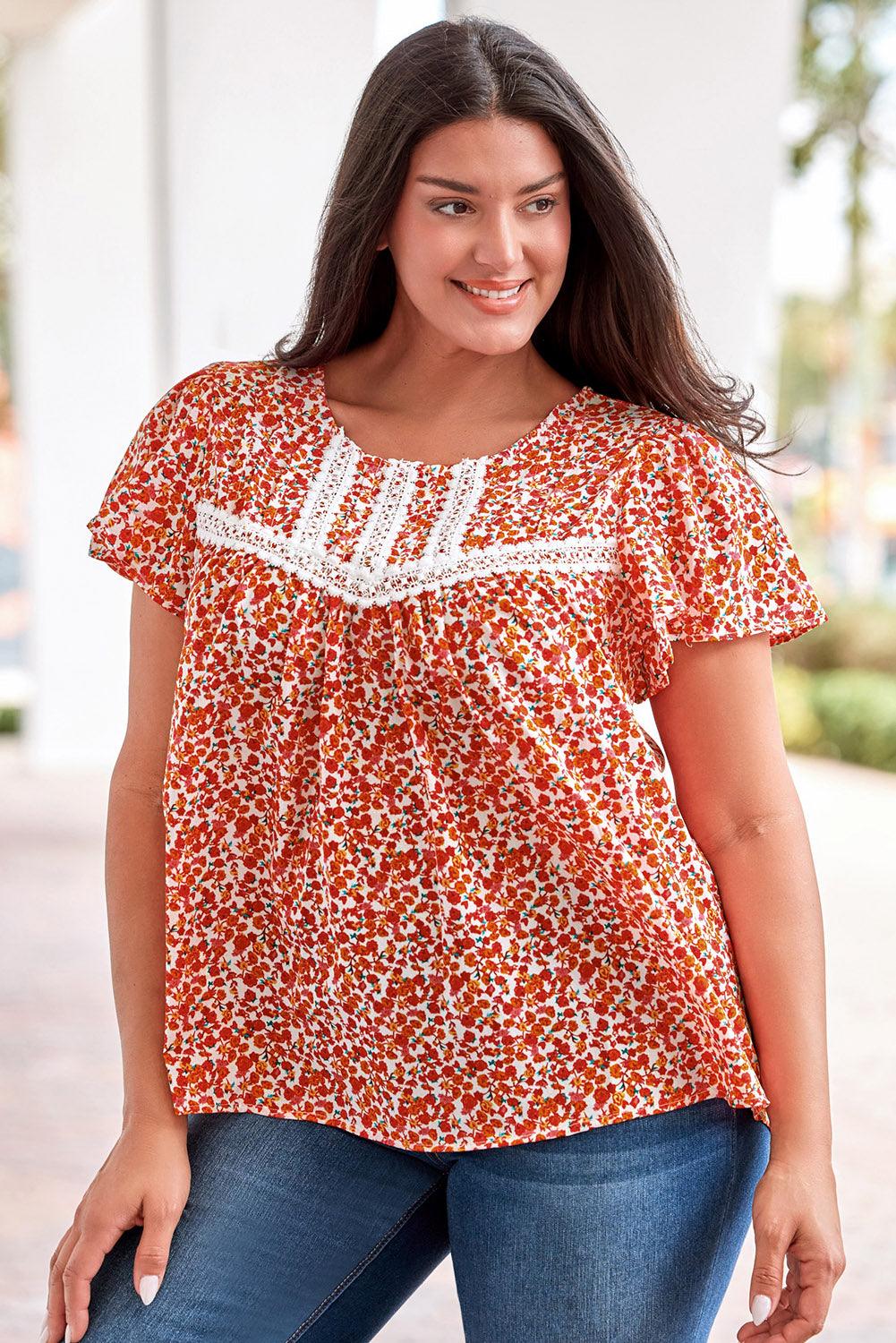 Plus Size Floral Lace Trim Round Neck Blouse - BELLATRENDZ