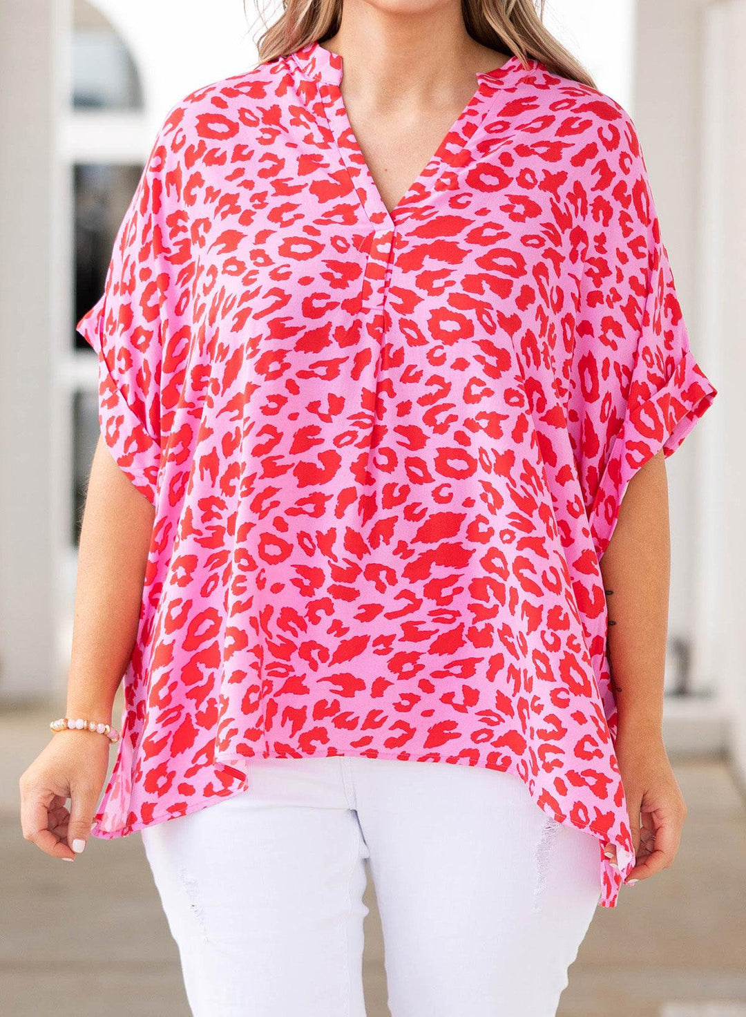 Plus Size Printed Notched Neck Half Sleeve Top - BELLATRENDZ