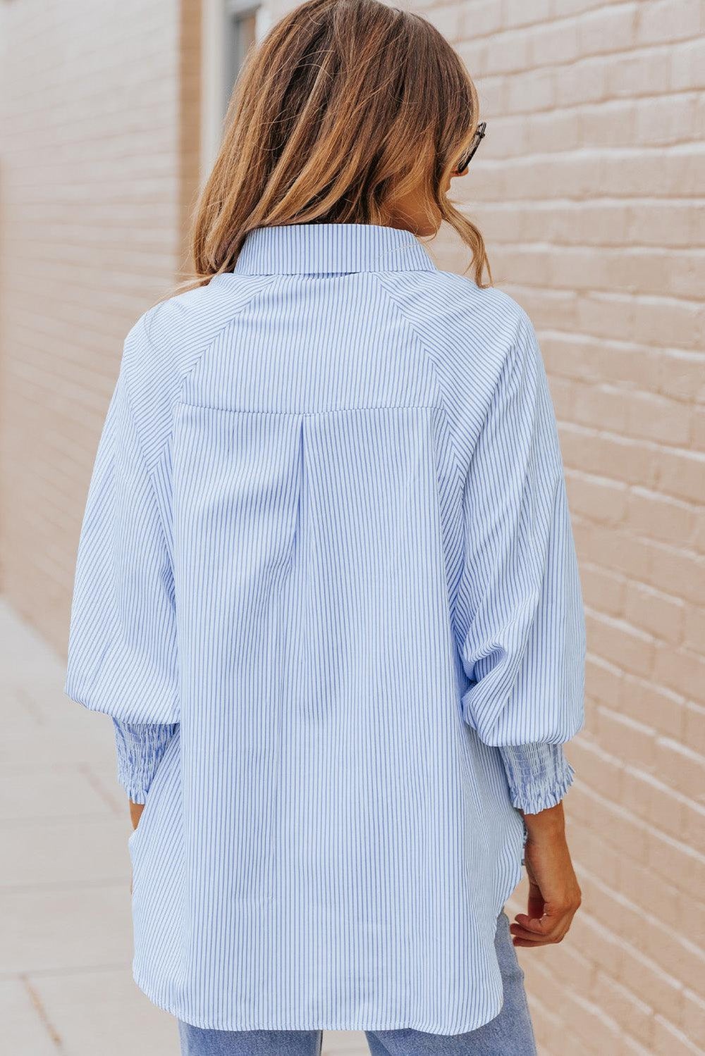 Striped Lantern Sleeve Collared Shirt - BELLATRENDZ