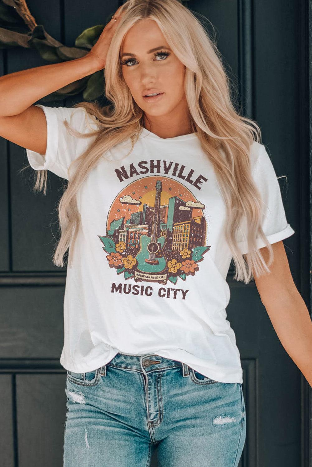 NASHVILLE MUSIC CITY Graphic Round Neck Tee - BELLATRENDZ