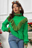 Cable-Knit Ruffled Mock Neck Lantern Sleeve Sweater