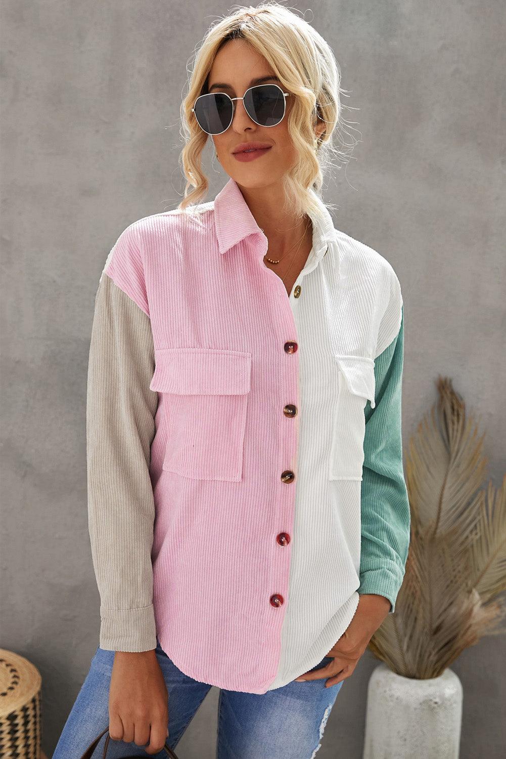 Color Block Button Front Shirt with Pockets - BELLATRENDZ