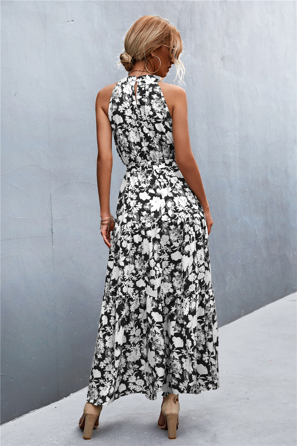 Printed Sleeveless Tie Waist Maxi Dress
