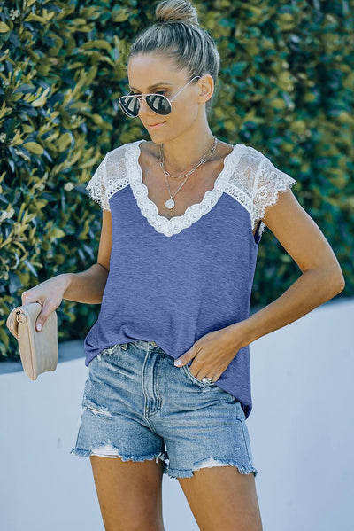 Scalloped Spliced Lace V-Neck Top