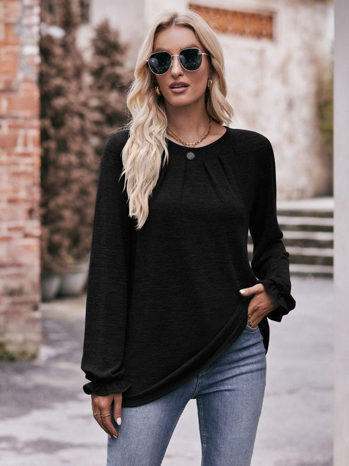 Long Flounce Sleeve Round Neck Blouse