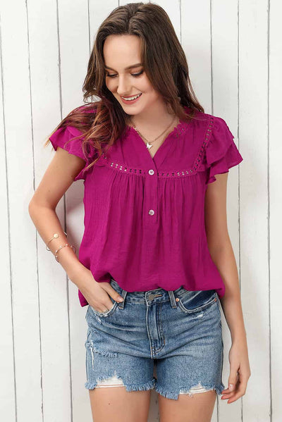 Notched Neck Buttoned Flutter Sleeve Blouse