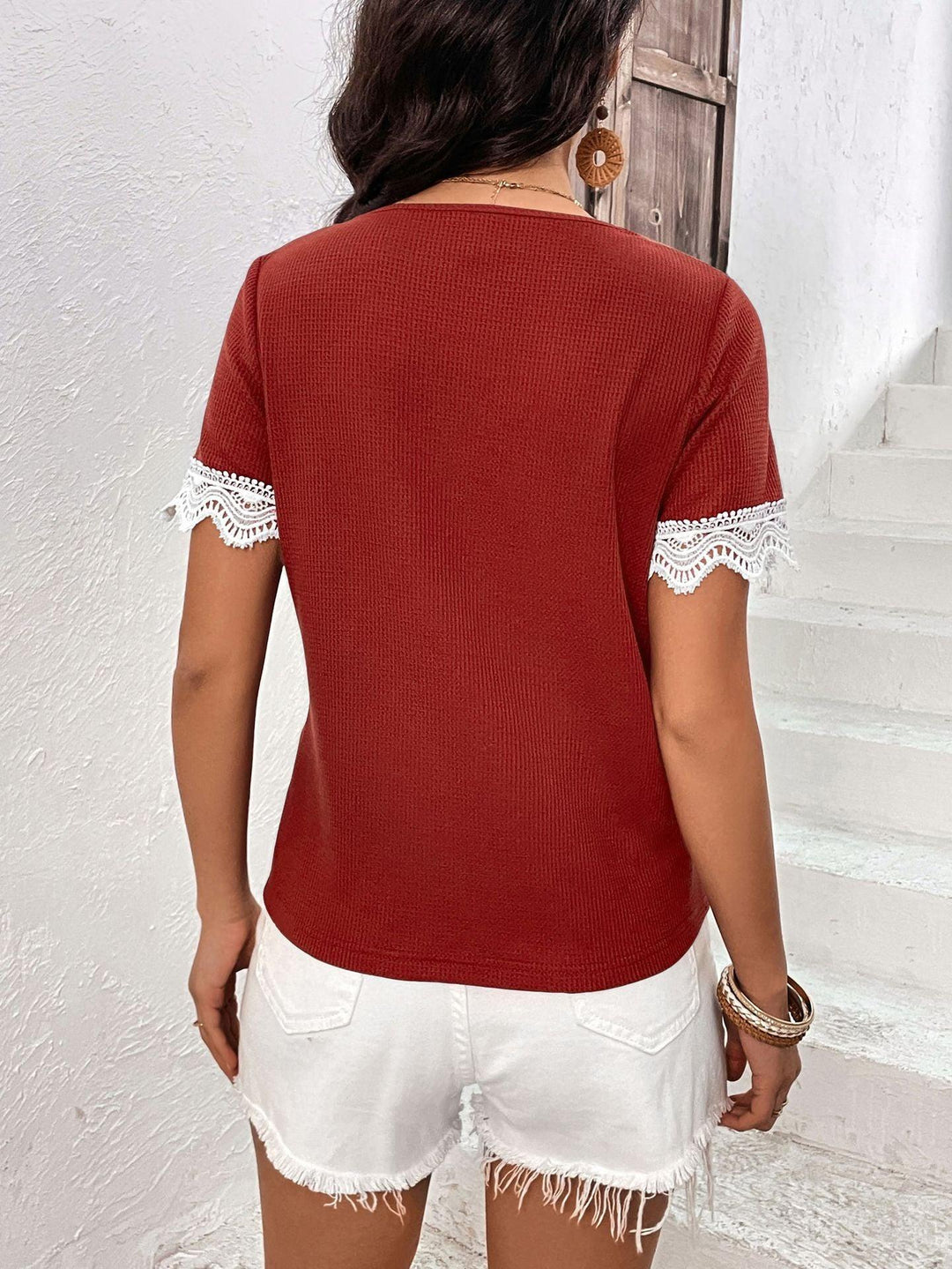 Decorative Button Spliced Lace Short Sleeve Top - BELLATRENDZ