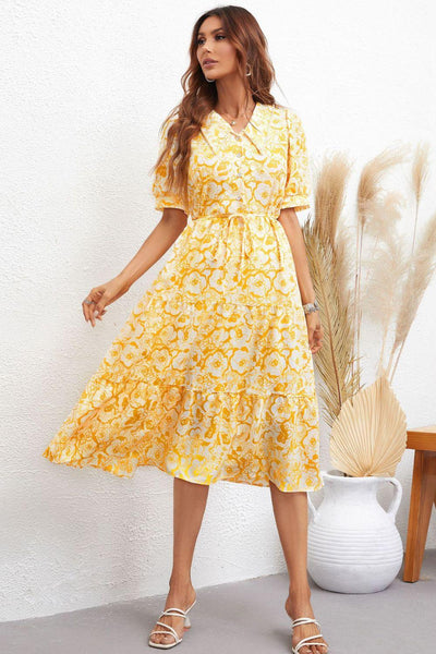 Floral Collared Neck Puff Sleeve Midi Dress