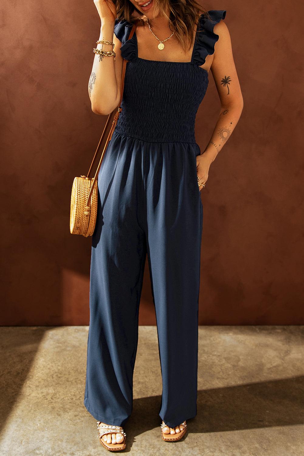 Ruffle Shoulder Smocked Pocket Jumpsuit - BELLATRENDZ