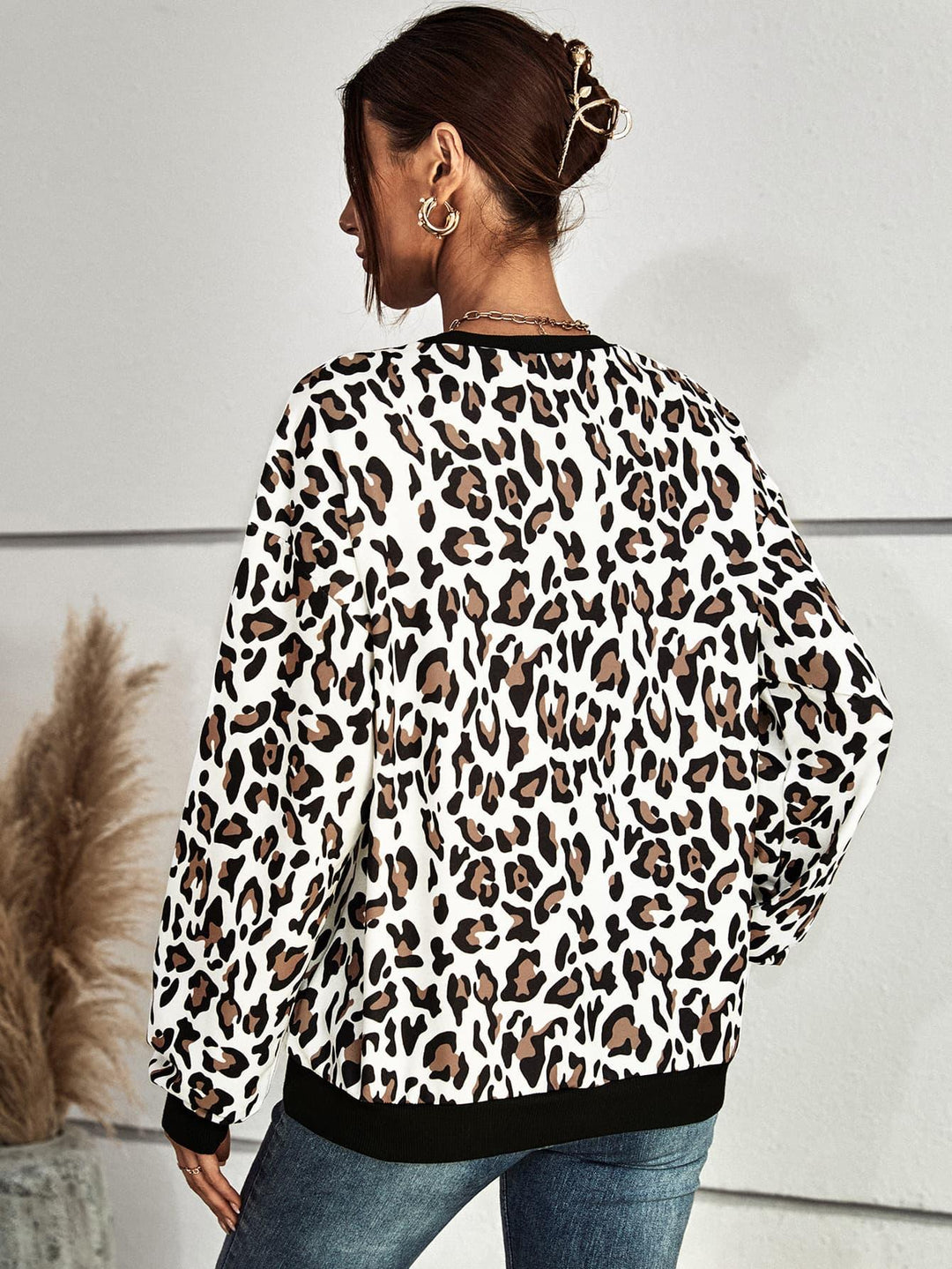 Leopard Round Neck Dropped Shoulder Sweatshirt - BELLATRENDZ