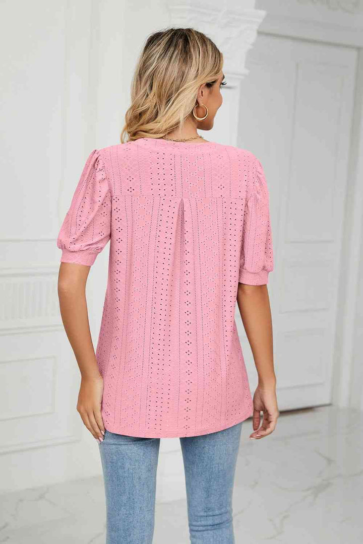 Eyelet Short Puff Sleeve Notched Neck Top