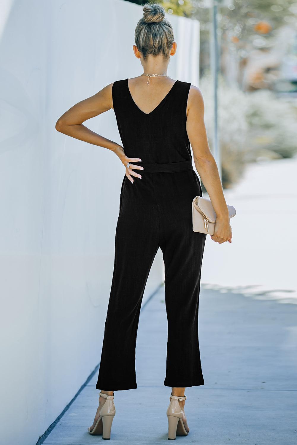 V-Neck Tie Waist Sleeveless Jumpsuit - BELLATRENDZ