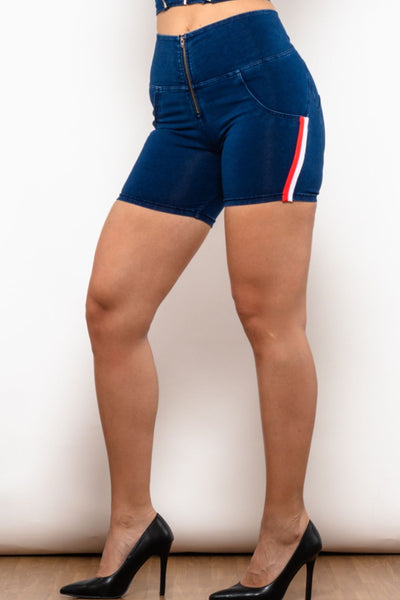Full Size Side Stripe Zip Closure Denim Shorts