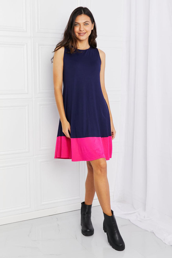 Yelete Full Size Two-Tone Sleeveless Mini Dress with Pockets - BELLATRENDZ