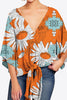 Printed Deep V Tie Hem Blouse