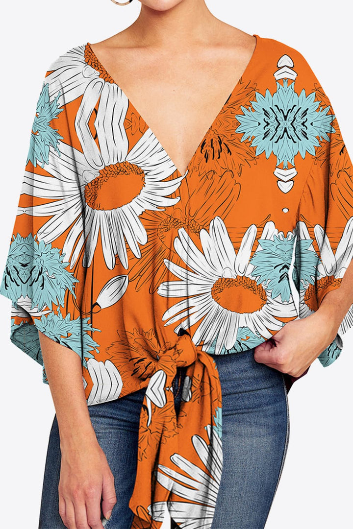 Printed Deep V Tie Hem Blouse