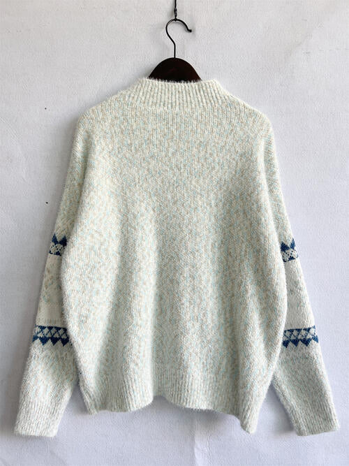 Geometric Mock Neck Dropped Shoulder Sweater