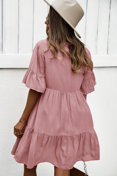 Buttoned Tie Neck Tiered Mini Dress
