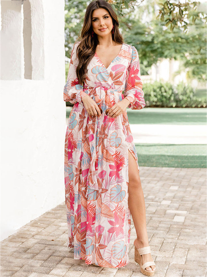 Plus Size V-Neck Printed Slit Dress