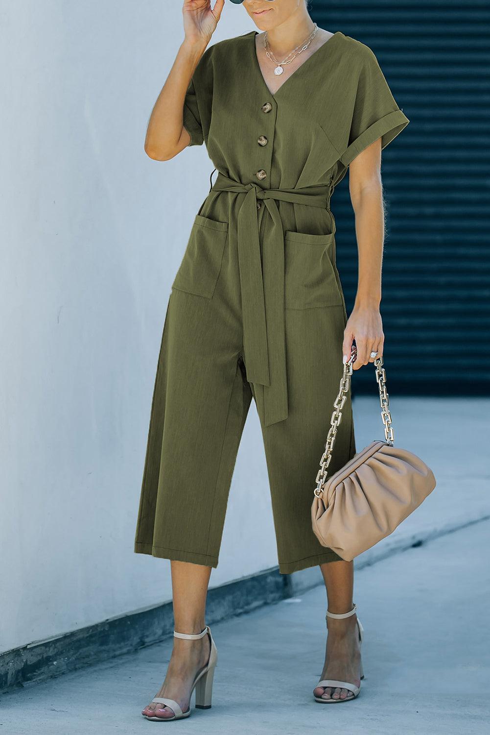 Tie-Waist Buttoned Cropped Jumpsuit - BELLATRENDZ