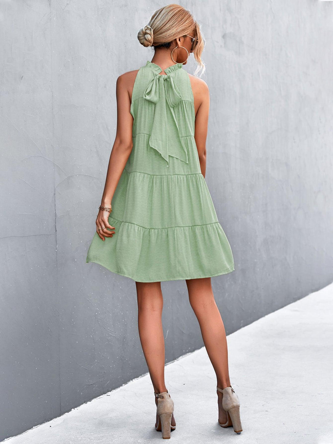 Tie Back Mock Neck Tiered Dress - BELLATRENDZ