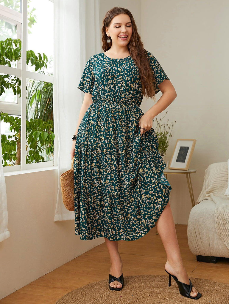 Plus Size Floral Round Neck Short Sleeve Midi Dress - BELLATRENDZ