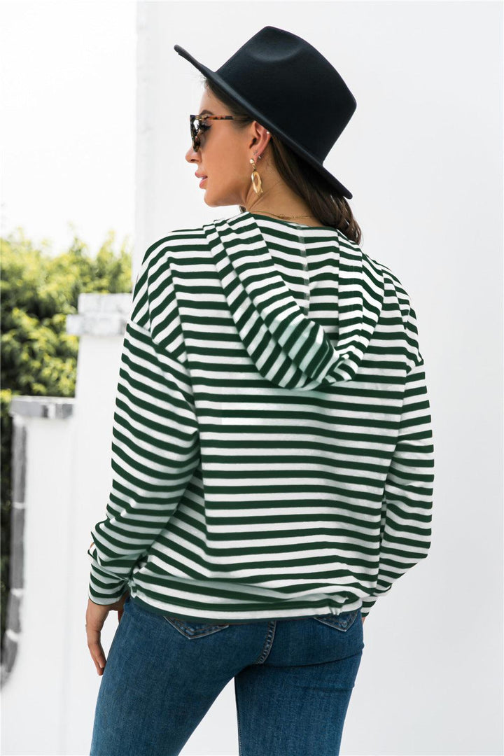 Striped Half-Button Dropped Shoulder Hoodie - BELLATRENDZ