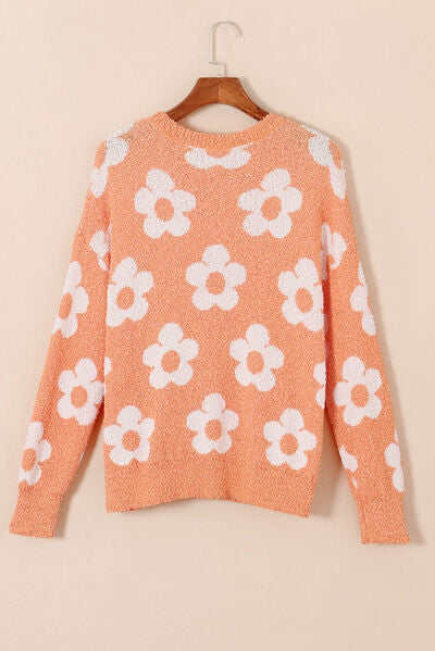 Flower Round Neck Dropped Shoulder Sweater