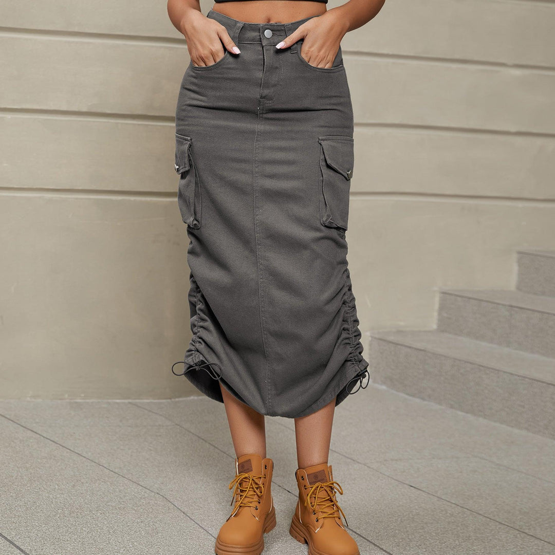 Drawstring Ruched Slit Denim Midi Skirt - BELLATRENDZ