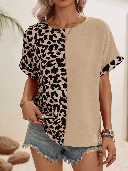 Leopard Contrast Round Neck Short Sleeve Top