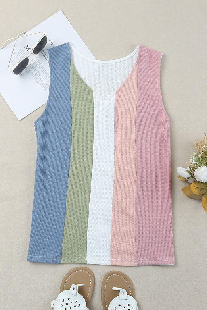 Multicolored Striped Waffle-Knit Sleeveless Tank - BELLATRENDZ