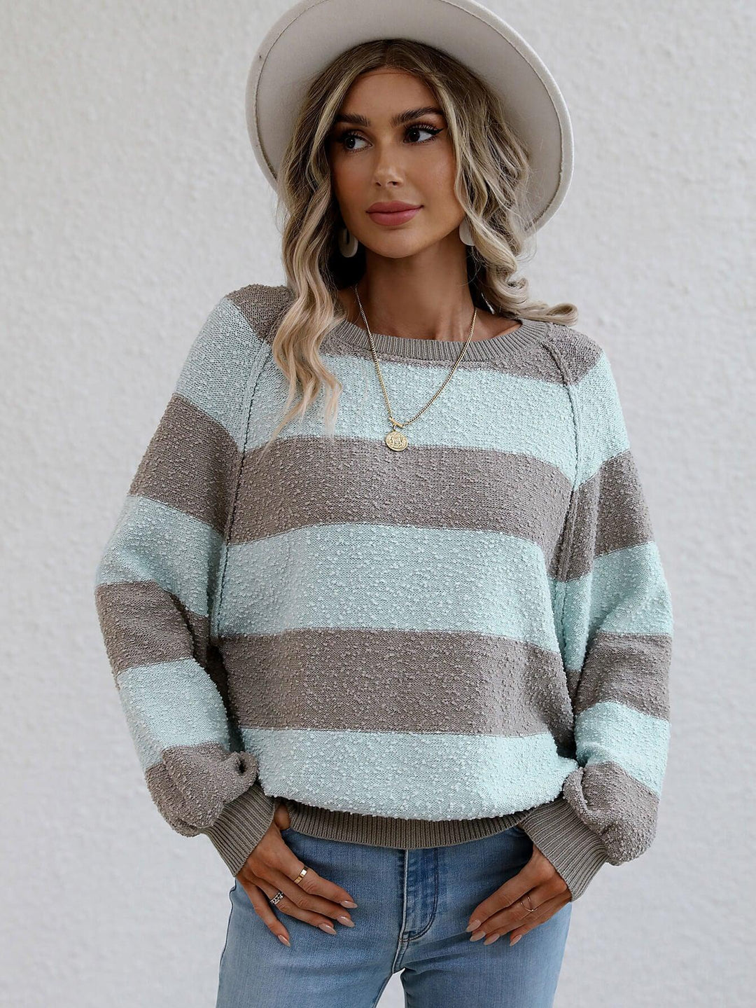 Striped Raglan Sleeve Ribbed Trim Knit Top - BELLATRENDZ