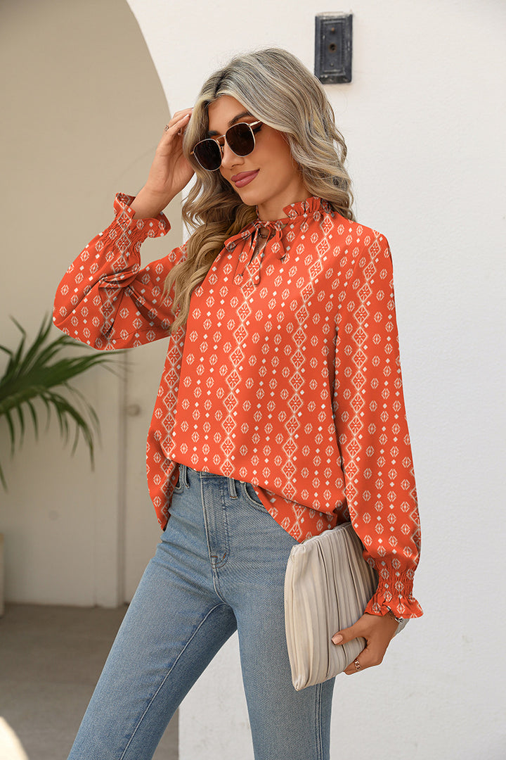 Printed Tie Neck Flounce Sleeve Blouse