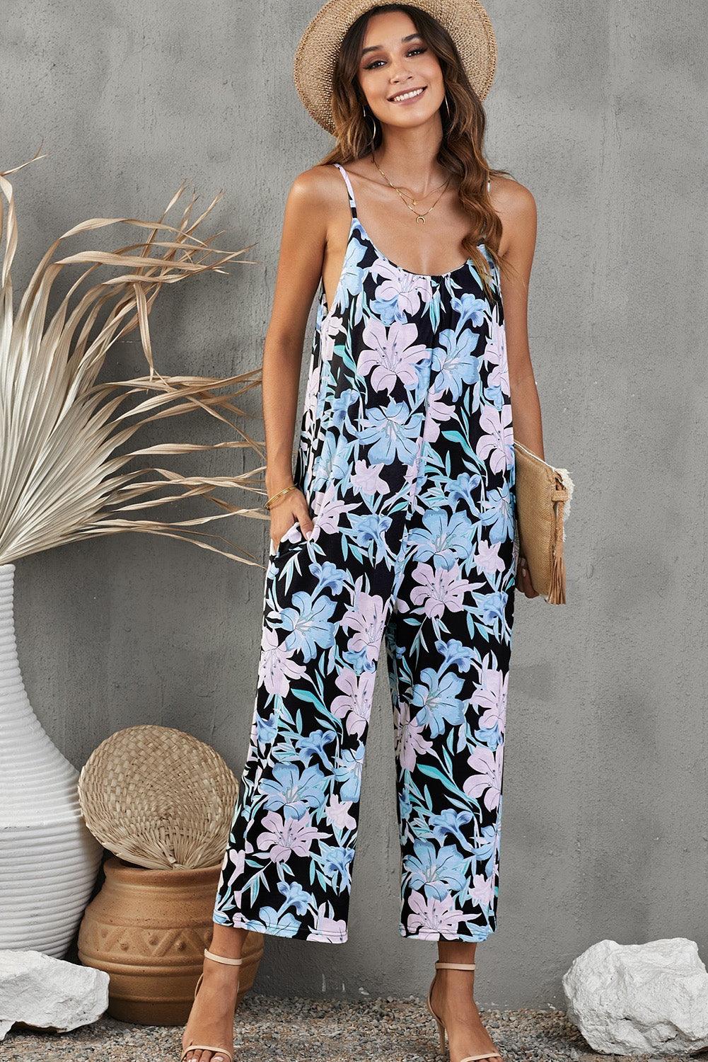 Botanical Print Spaghetti Strap Cropped Jumpsuit - BELLATRENDZ