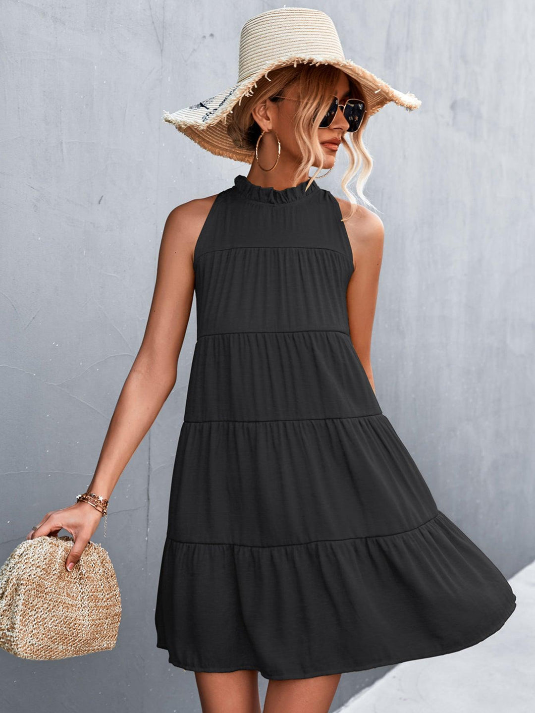 Tie Back Mock Neck Tiered Dress - BELLATRENDZ