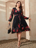 Plus Size Floral Surplice Neck Tie Waist Dress - BELLATRENDZ