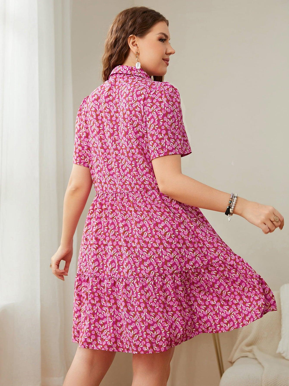Plus Size Printed Short Sleeve Collared Dress - BELLATRENDZ