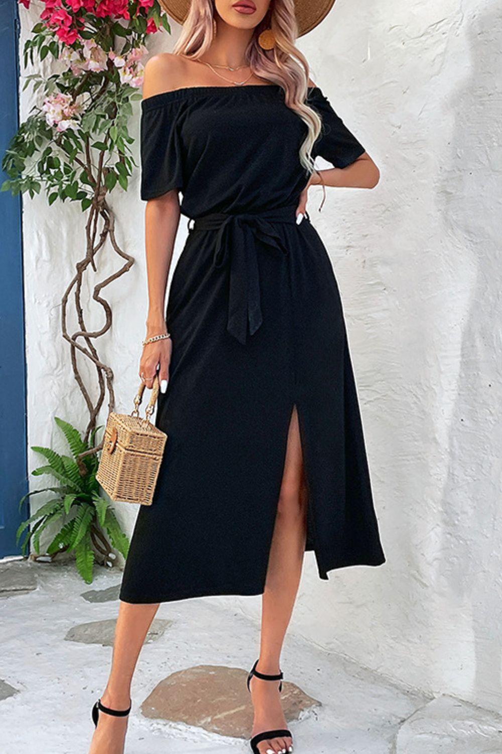 Tie-Waist Off-Shoulder Split Dress - BELLATRENDZ