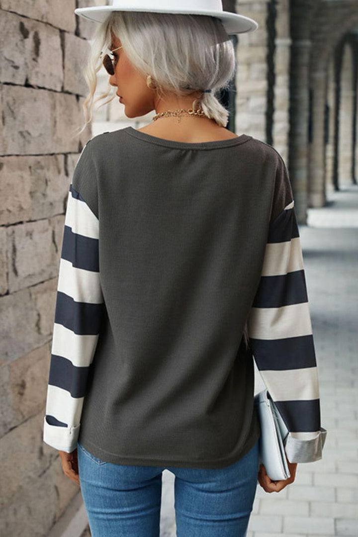 Leopard Striped Round Neck Long Sleeve Tee - BELLATRENDZ