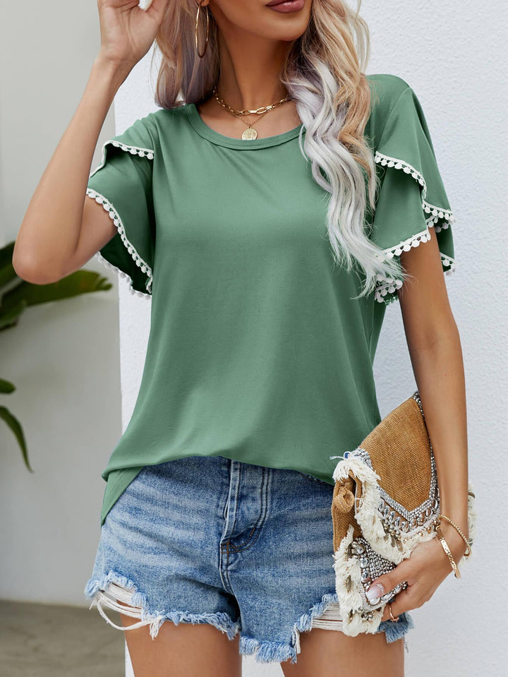 Pom-Pom Trim Flutter Sleeve Round Neck Tee - BELLATRENDZ